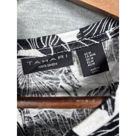 Tahari Womens Top M 100% Linen Black White Floral Button Back - Picture 2 of 5